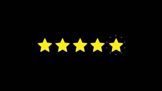 Golden 5 star rating and review animation, customer satisfaction icon, product and service quality ranking concept, 4k animated motion graphics on black background
