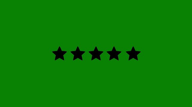 5 out of 5 black stars rating animation, five star review symbol, customer satisfaction and premium quality concept, 4k motion graphics with green screen background