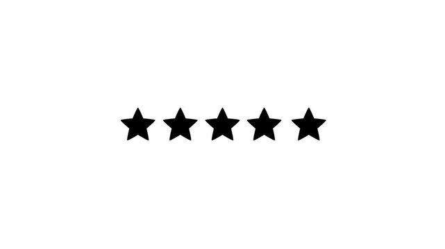 5 out of 5 black stars rating animation, five star review symbol, customer satisfaction and premium quality concept, 4k motion graphics with white background