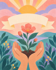 Obraz premium Illustration of hands protecting a flowering plant growing from soil, surrounded by leaves and flowers beneath a sunrise and blank ribbon banner.
