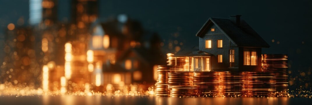 Concept art displays abstract property assets as cash flows and values increasing over time against a dark background