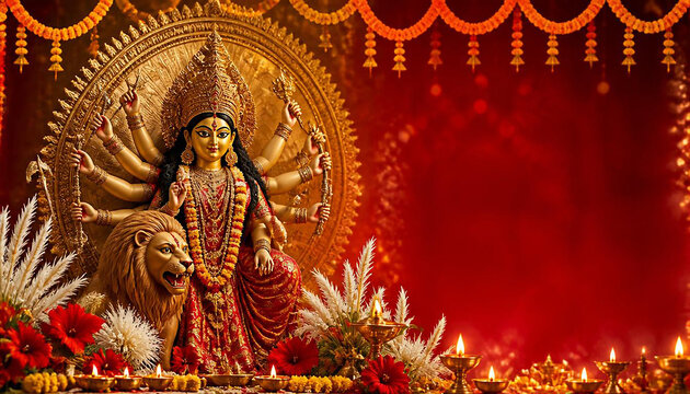 Happy Durga Puja greeting concept, beautiful Goddess Durga idol in the center, radiant golden halo behind her, traditional Bengali decorations, white kash flowers