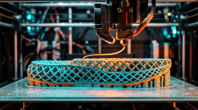 3d printer nozzle depositing lattice thermoplastic elastomer forming an athletic shoe midsole in additive footwear manufacturing.