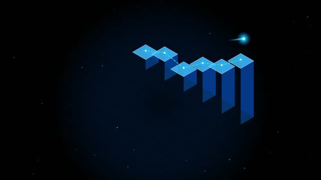 Abstract digital path with glowing light points on isometric blue blocks