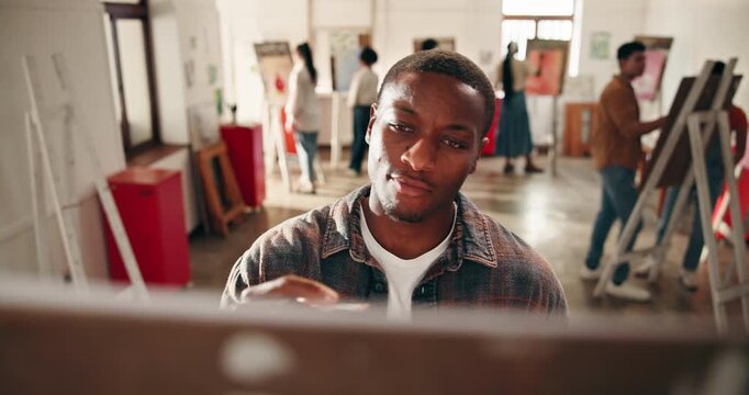 Thinking, man and artist painting on canvas for self expression, drawing and creative process. Painter, art or person with brush for artistic vision, pondering artwork and inspiration in studio class