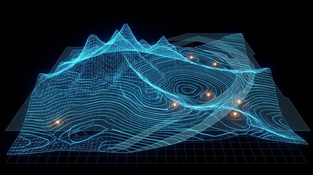 Glowing geospatial map with contour terrain, grid, and location points, showing spatial data analysis, navigation, and digital land insight.