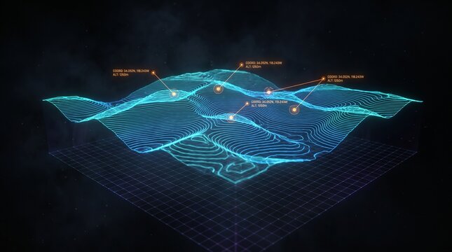 Glowing digital terrain map with grid, nodes, and data lines shows geospatial data, spatial analysis, and location intelligence in a futuristic view.