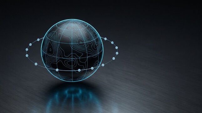 Glowing digital globe with connected data points, symbolizing geospatial data, spatial analysis, and global location intelligence in a futuristic network.
