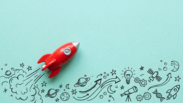Embark on a cosmic adventure with a vibrant red rocket, launching into a universe of imagination, innovation, and discovery, surrounded by celestial wonders and scientific symbols
