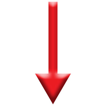Red 3D arrow pointing down, long vertical direction symbol and down indicator icon isolated on white background