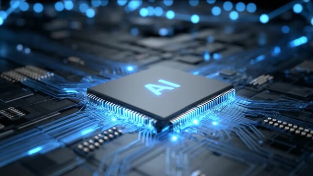 AI Microchip with Glowing Circuitry: A futuristic AI microchip glows with bright blue light, surrounded by intricate circuitry and illuminated pathways.