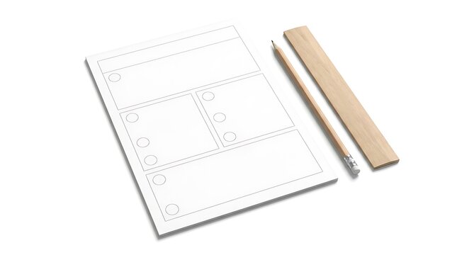 Blank paper sheet with boxes for sketching a story board with a wooden pencil and a flat ruler. Essay outline worksheet