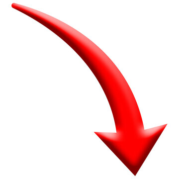 Red curved arrow pointing down, decline and fall symbol on white background
