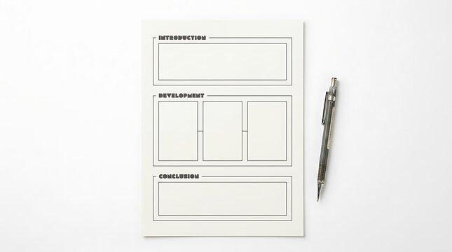 Blank essay planning worksheet with introduction development and conclusion sections and a pencil. Essay outline worksheet