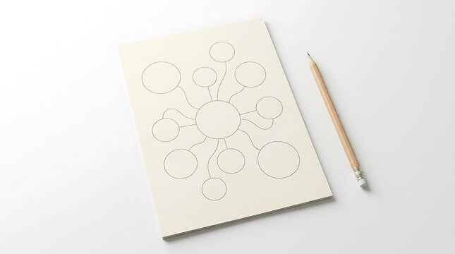 Blank mind map diagram drawn with circles and lines on a notepad with a wooden pencil nearby. Essay outline worksheet