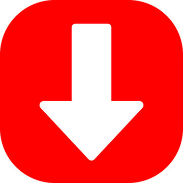 Red app icon with white downward arrow, download button and install symbol isolated on white background
