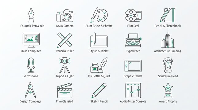 Set of artistic and creative profession line icons on white background