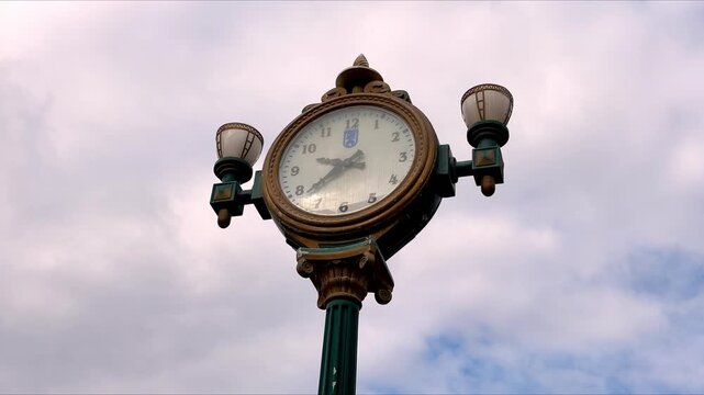 Decorative vintage street clock post surrounded by green bushes and flower beds in a public park under cloudy sk