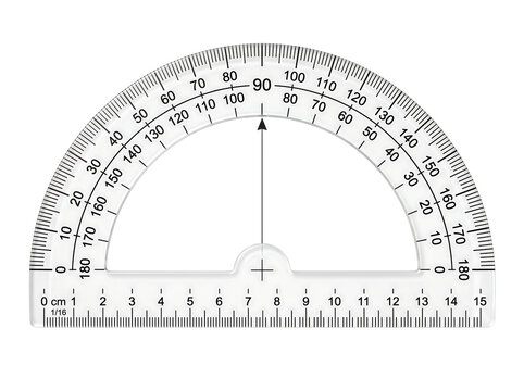 Transparent plastic semi-circle protractor ruler with degree markings on transparent background