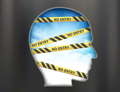 Silhouette of human head with sunlight, sky inside and warning tape with the inscription no entry. Vector illustration.