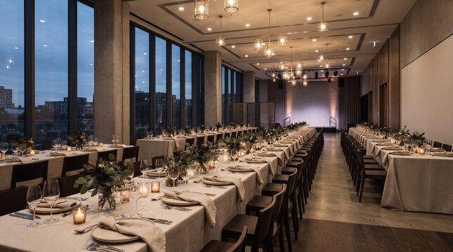 Elegant wedding reception setup with long tables and city view through large windows