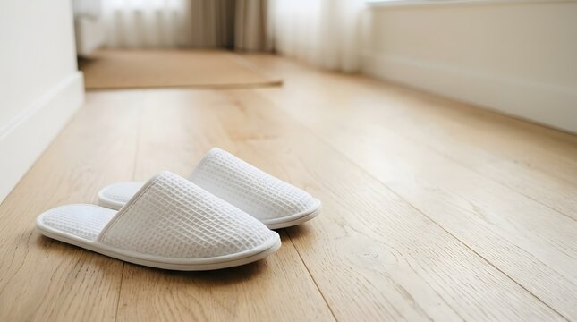 Pair of soft white hotel slippers resting on a clean wooden bedroom floor in a modern apartment