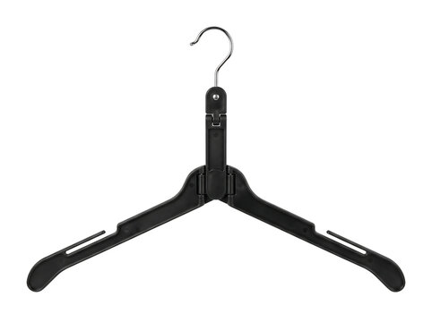 Foldable plastic clothes hanger or travel folding coat hanger with metal hook on transparent background   