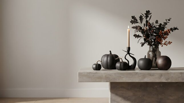 Autumn still life with pumpkins candle and foliage on a concrete surface