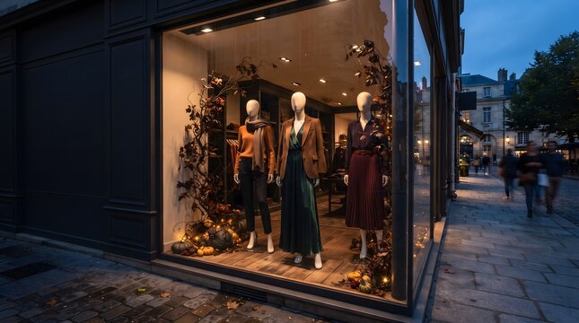 Autumnal window display of clothing store with mannequins and seasonal decorations in a city