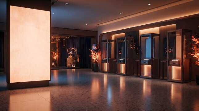 Empty illuminated display board in a modern hotel lobby decorated for halloween