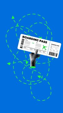 Halftone hand holding boarding pass for plane. Moving route paths with an arrow. Travel, tourism concept. Airplane ticket. Go on an adventure. Vacation time. Collage animation. Vertical video