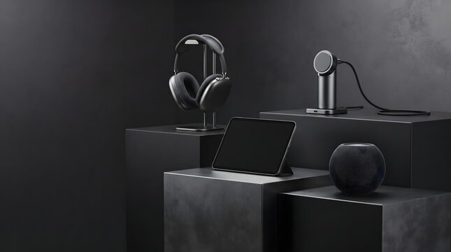 Modern wireless headphones tablet and smart speaker on dark geometric platforms