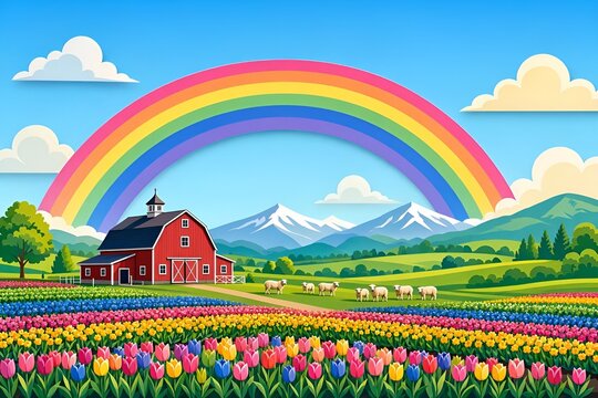 Vibrant flat vector illustration of an idyllic farmland landscape with a red barn, colorful flower fields, grazing sheep, and a large rainbow over snow-capped mountains.