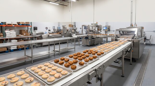 Commercial bakery interior with stainless steel equipment and conveyor belt of baked goods