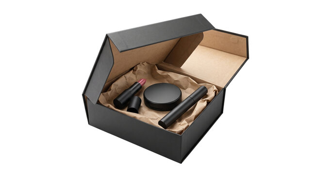 Luxury black cosmetic gift box with lipstick and makeup products, premium beauty subscription box mockup, elegant skincare packaging with kraft paper