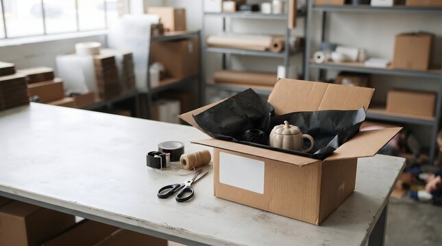 Opened cardboard box with black tissue paper and ceramic mug inside on a table