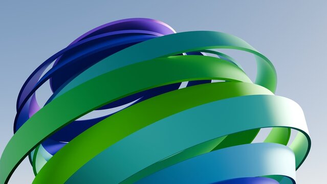 Modern 3D abstract spiral ribbon sphere background in vibrant green and blue colors. Perfect for technology presentation slides, corporate branding, web headers, digital art, and wallpaper