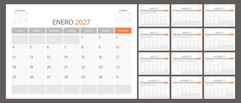 Spanish calendar planner 2027 year, schedule month calender, organizer template. Week starts on Monday. Business personal page for Spain. Modern simple dairy. Vector illustration
