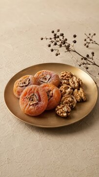 Caquis secos coreanos y nueces en un bodeg&oacute;n c&aacute;lido y tradicional de temporada