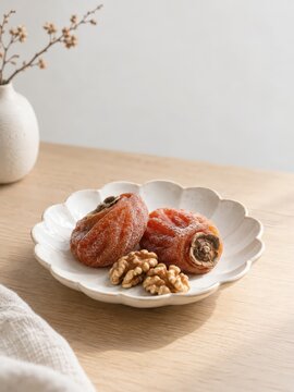 Caquis secos coreanos y nueces en un bodeg&oacute;n c&aacute;lido y tradicional de temporada