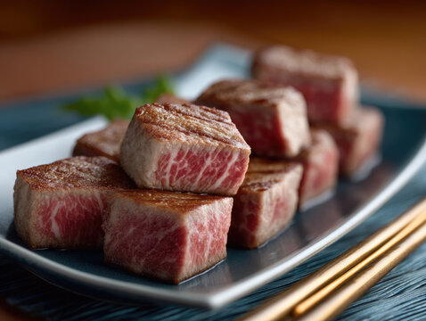 Grilled beef cube marbled juicy tender gourmet steak plated delicious premium cuisine