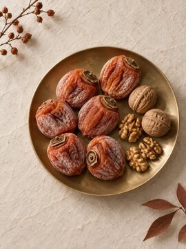 Caquis secos coreanos y nueces en un bodeg&oacute;n c&aacute;lido y tradicional de temporada
