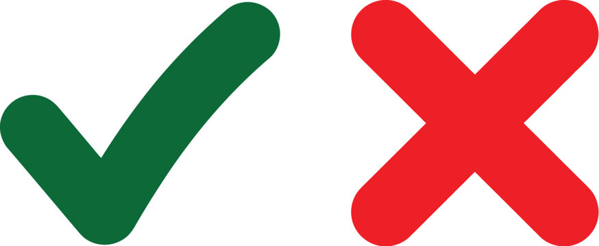 Green check mark and red cross mark symbols for choice and decision making icons set
