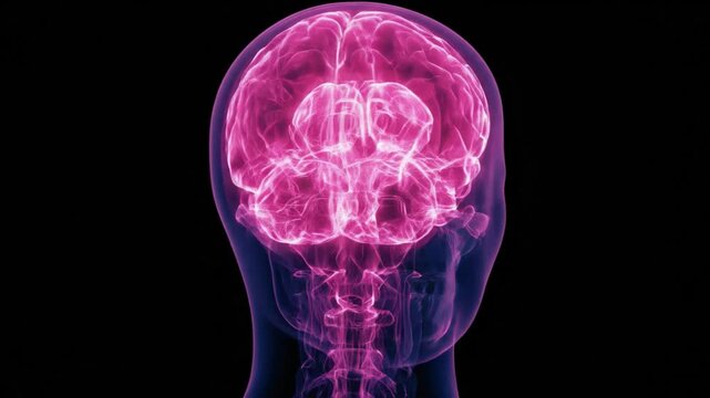 Glowing Brain Anatomy: An illuminated, transparent view of the human brain and upper spinal cord.