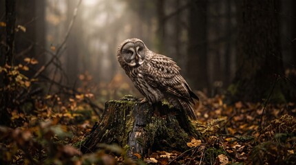 Fototapeta premium A large owl sits on a tree stump in a misty forest, surrounded by autumn leaves. Concept wildlife, nature conservation, educational materials, and storytelling on wildlife habitats. Generative AI.