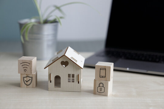 Smart home security and connected technology concept with blocks