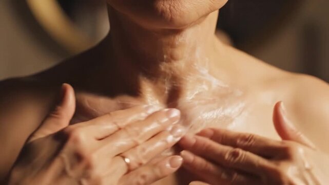 Woman gently massages white lotion over neck and collarbone area using both hands. Skincare routine spreads moisturizing cream across skin, creating soothing and relaxed beauty moment.