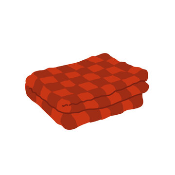 Plaid red cozy blanket. Christmas season home warm textile. Winter holiday hygge decoration, design element. Flat vector illustration, clip art