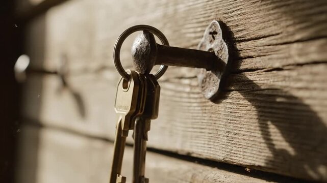 Hand turns key in rustic wooden lock, securing weathered door with steady purpose. Brass keys hang from metal latch as warm sunlight creates nostalgic cottage atmosphere and quiet security.