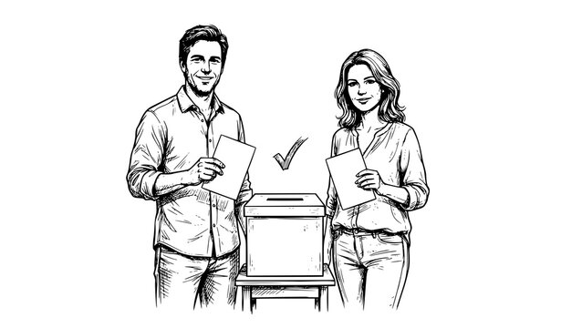 Hand drawn illustration of a man and woman casting votes at ballot box with checkmark, election voting concept